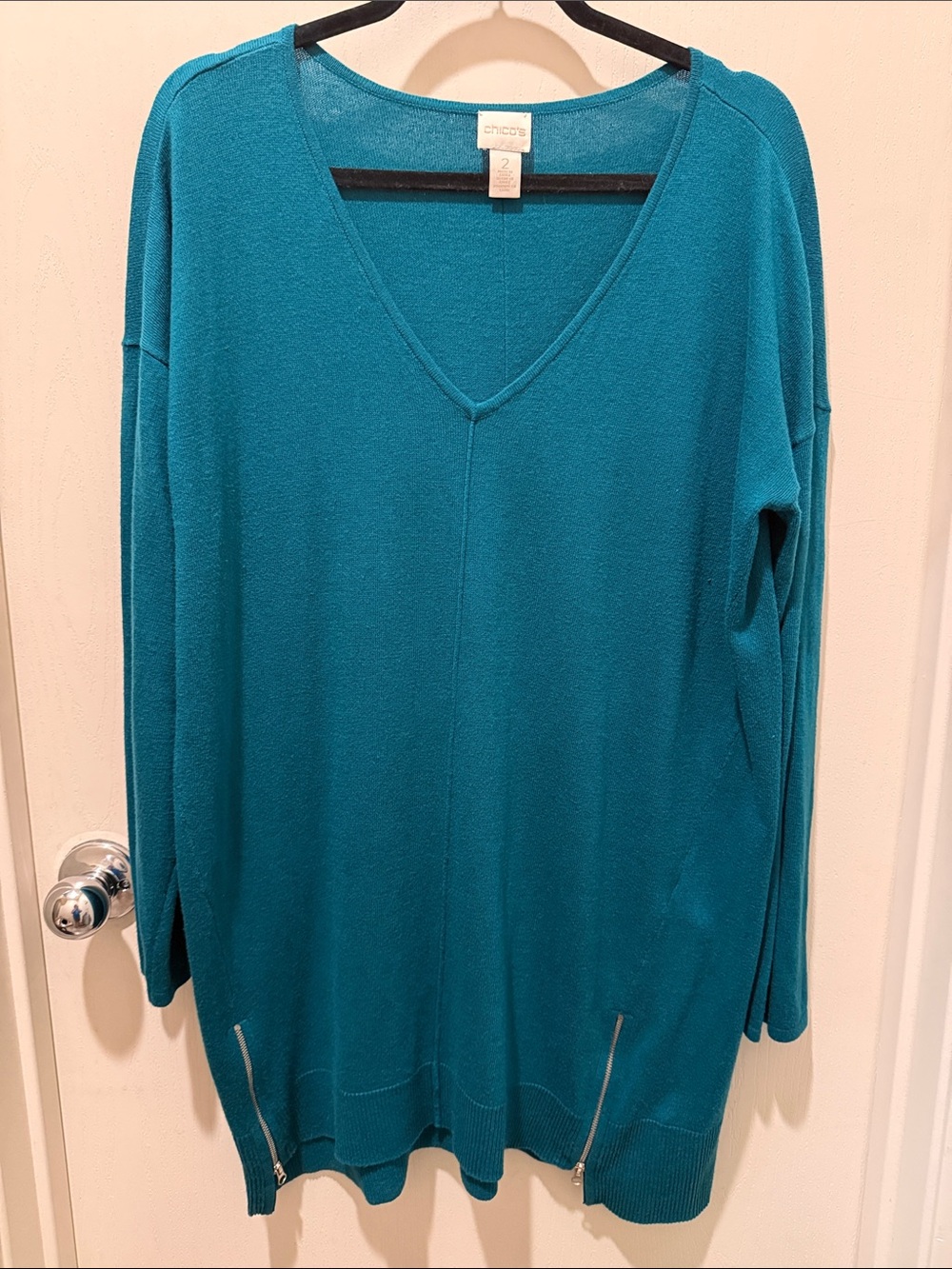 Chico's Teal V-Neck Long Sleeve Sweater with Hem Zips